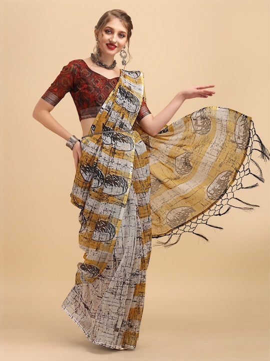 Yellow And White Color Festive Wear Printed Pure Linen Saree