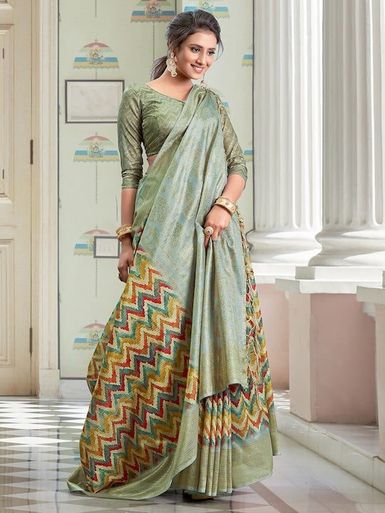 Light Green Color Festive Wear Printed Pure Linen Saree