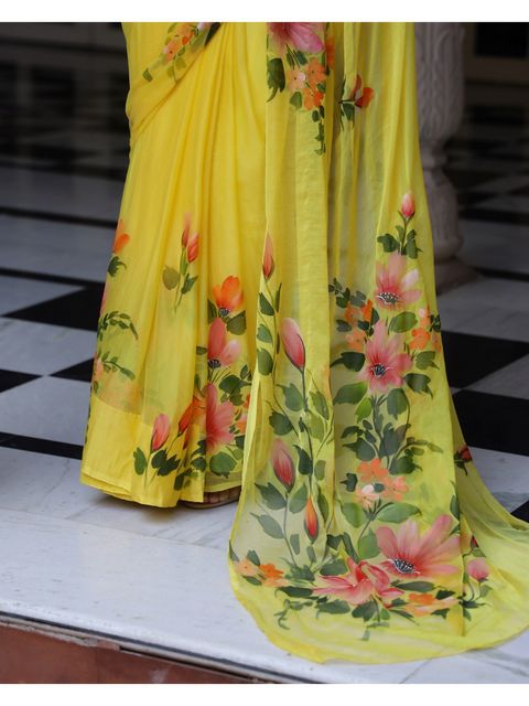 Stylish Light Yellow Colored Casual Wear Floral Printed Linen Saree