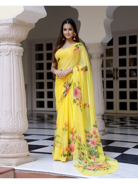 Stylish Light Yellow Colored Casual Wear Floral Printed Linen Saree