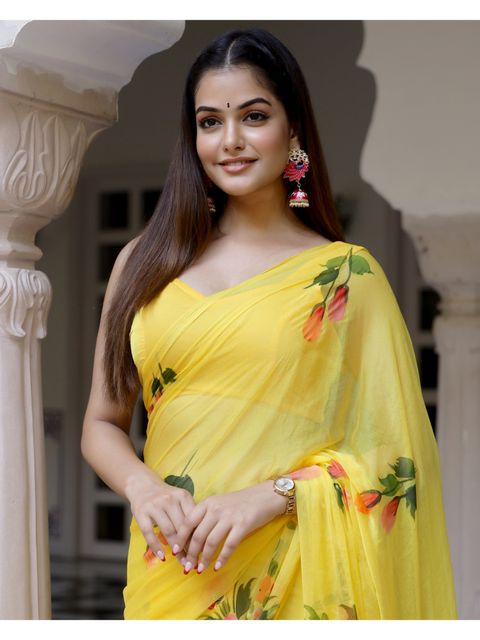 Stylish Light Yellow Colored Casual Wear Floral Printed Linen Saree