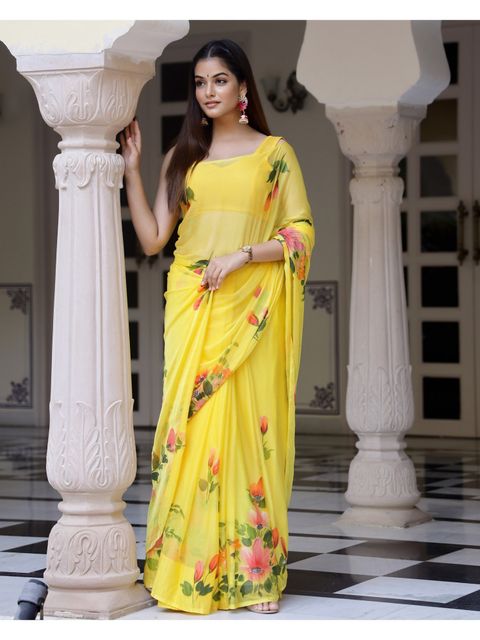 Stylish Light Yellow Colored Casual Wear Floral Printed Linen Saree