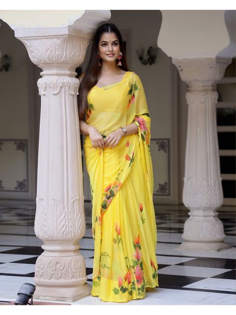 Stylish Light Yellow Colored Casual Wear Floral Printed Linen Saree