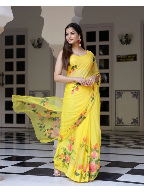 Stylish Light Yellow Colored Casual Wear Floral Printed Linen Saree