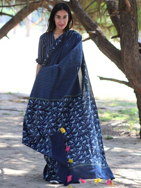 Perfect Dark Blue Women's Pure Linen Saree