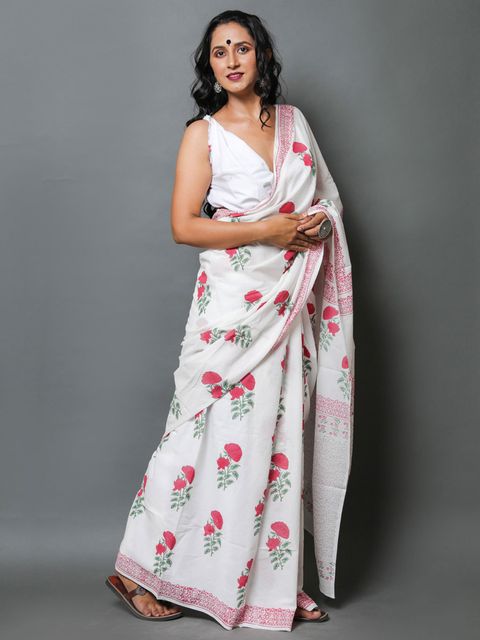 Marvellous White Colored Printed Pure Linen Saree