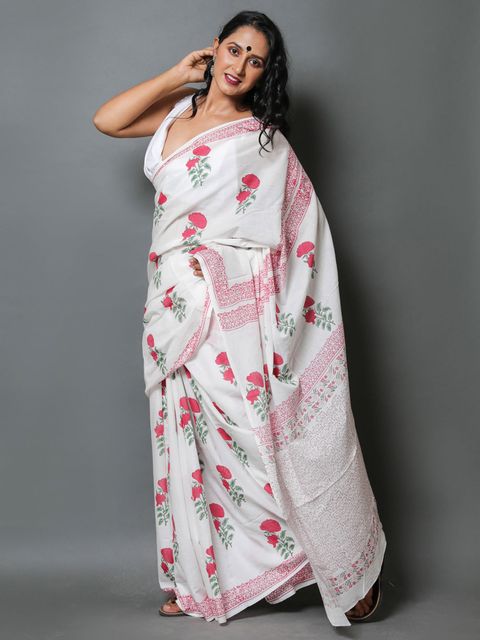 Marvellous White Colored Printed Pure Linen Saree