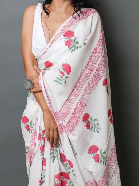 Marvellous White Colored Printed Pure Linen Saree