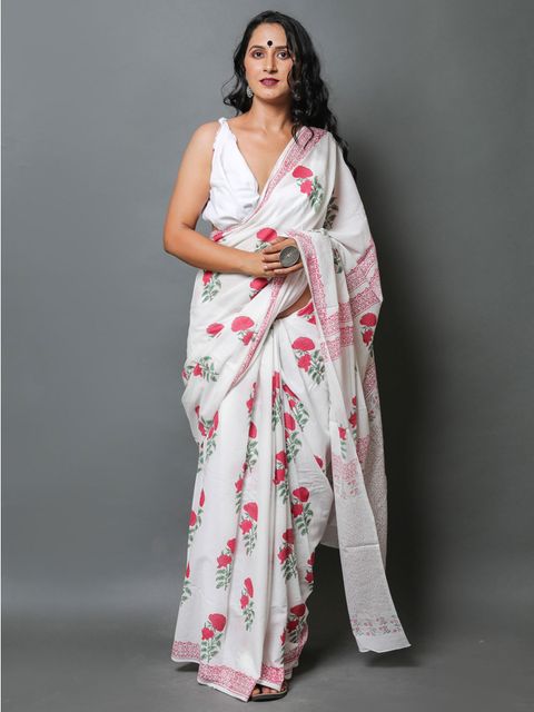 Marvellous White Colored Printed Pure Linen Saree