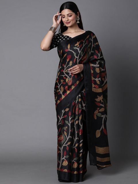 Radiant Black Colored Casual Printed Linen Saree