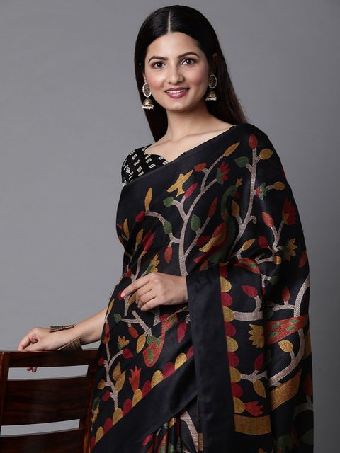 Radiant Black Colored Casual Printed Linen Saree