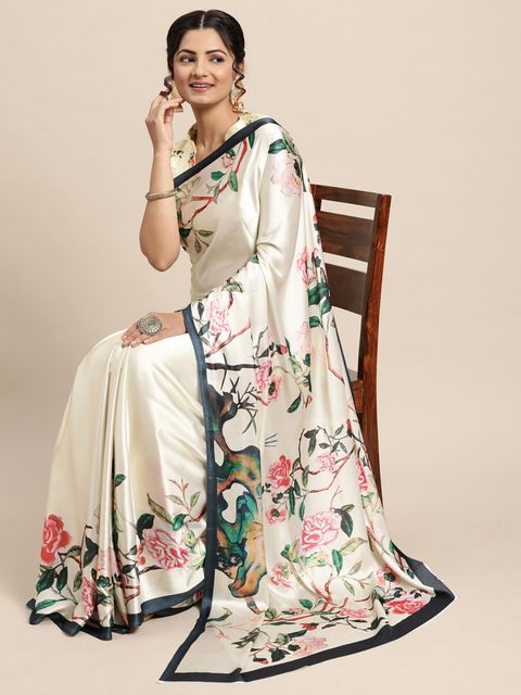 Graceful Cream Colored Festive Wear Soft Silk Printed Saree With Blouse