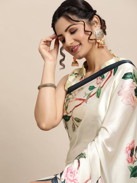 Graceful Cream Colored Festive Wear Soft Silk Printed Saree With Blouse