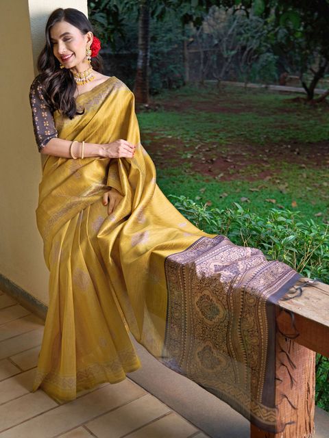 Glowing Dark Yellow Colored Partywear Printed Pure Linen saree