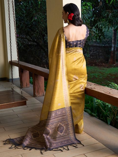 Glowing Dark Yellow Colored Partywear Printed Pure Linen saree