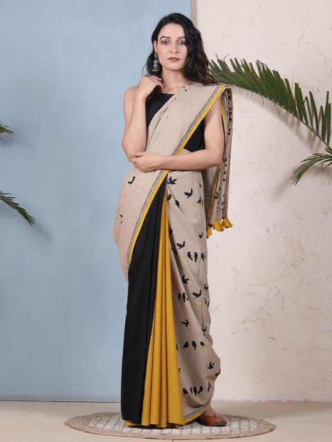 Beige And Black Color Party Wear Printed Linen Saree