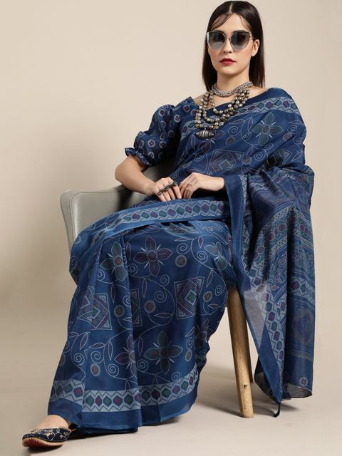 Pleasant Navy Blue Colour Printed Pure Linen Saree For Women