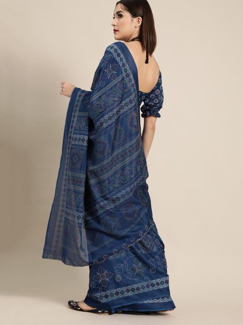 Pleasant Navy Blue Colour Printed Pure Linen Saree For Women