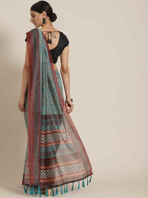 Rama Colored Festive Wear Woven Linen Saree , With Blouse Peach