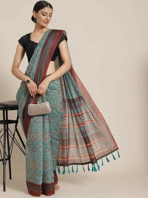 Rama Colored Festive Wear Woven Linen Saree , With Blouse Peach