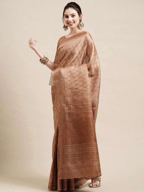 Brown Colored Festive Wear Woven Linen Saree , With Blouse Peach