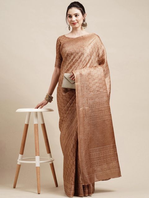 Brown Colored Festive Wear Woven Linen Saree , With Blouse Peach