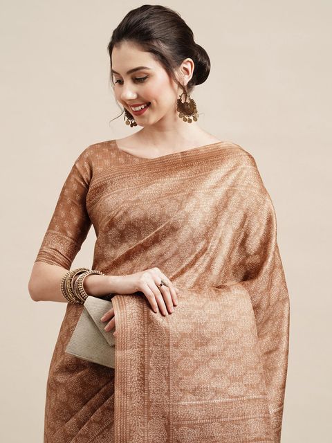 Brown Colored Festive Wear Woven Linen Saree , With Blouse Peach