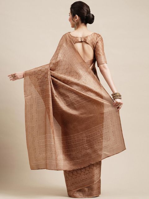 Brown Colored Festive Wear Woven Linen Saree , With Blouse Peach