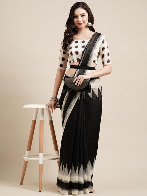 Black And White Colored Festive Wear Woven Linen Saree , With Blouse Piece