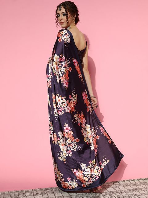 Navy Blue Colored Festive Wear Woven Linen Saree , With Blouse Peach