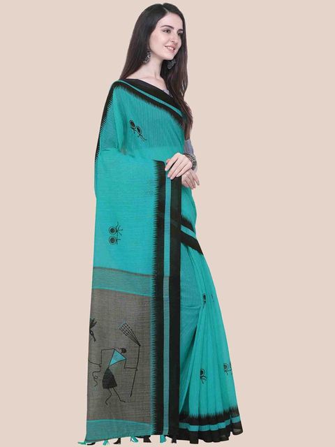 Impressive Rama Colored Casual Printed Fancy Linen Saree