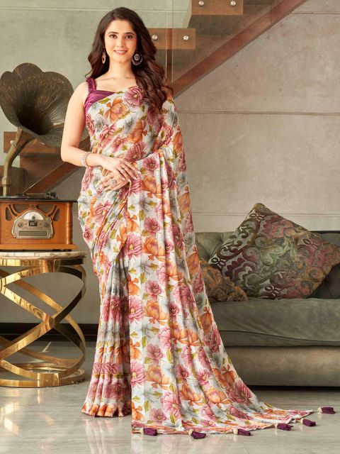 White Color  Printed Linen Saree , With Blouse Piece