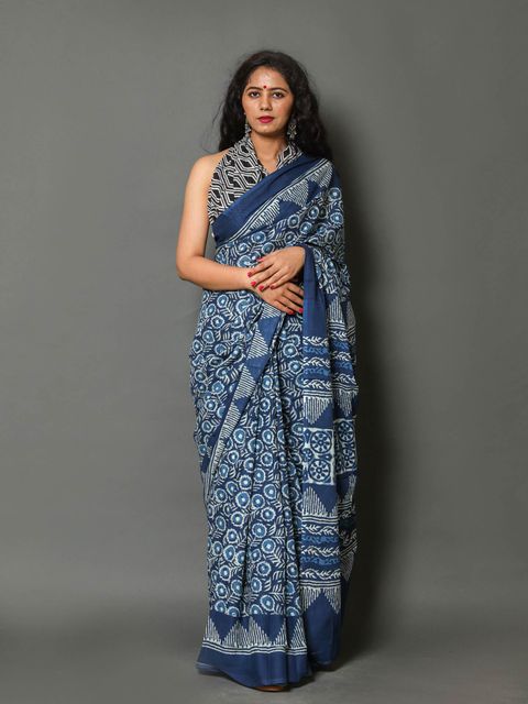 Nigh Blue Color Printed Linen Saree , Whith Blouse Piece