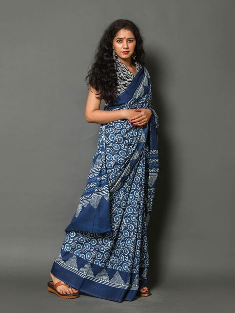 Nigh Blue Color Printed Linen Saree , Whith Blouse Piece