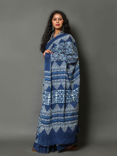 Nigh Blue Color Printed Linen Saree , Whith Blouse Piece