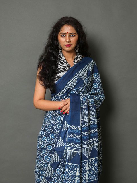 Nigh Blue Color Printed Linen Saree , Whith Blouse Piece