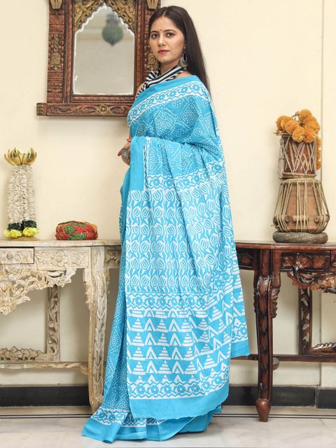 Sky Blue Printed Linen Saree, Party Wear