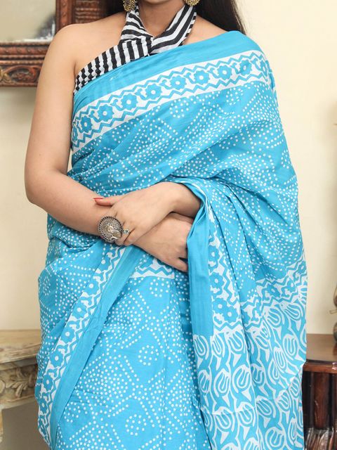 Sky Blue Printed Linen Saree, Party Wear