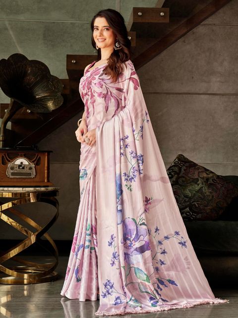 Light Pink Printed Linen Saree, Party Wear