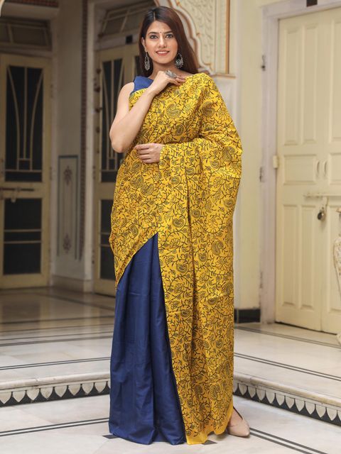 Yellow And Blue Printed Linen Saree, Party Wear