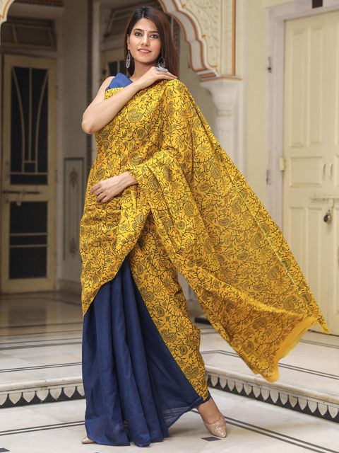 Yellow And Blue Printed Linen Saree, Party Wear