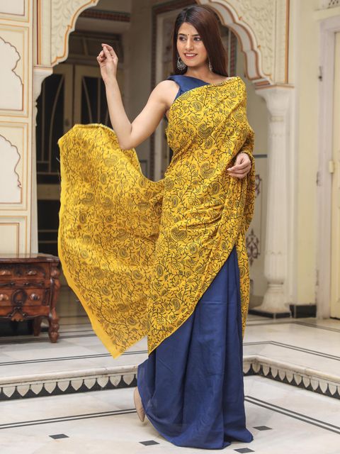 Yellow And Blue Printed Linen Saree, Party Wear