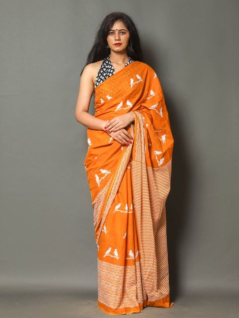 Orange Printed Linen Saree, Party Wear