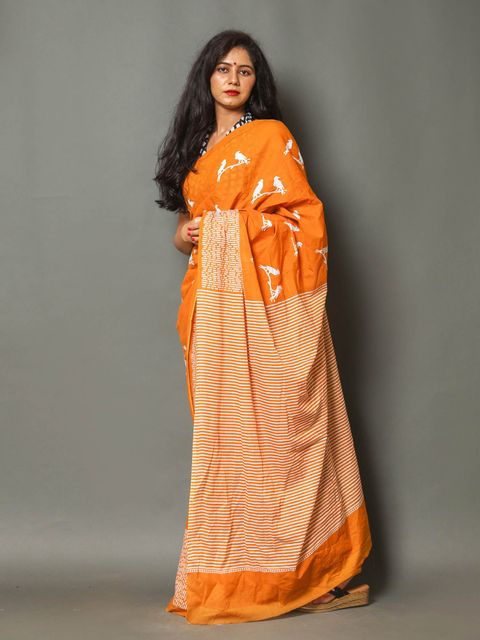 Orange Printed Linen Saree, Party Wear