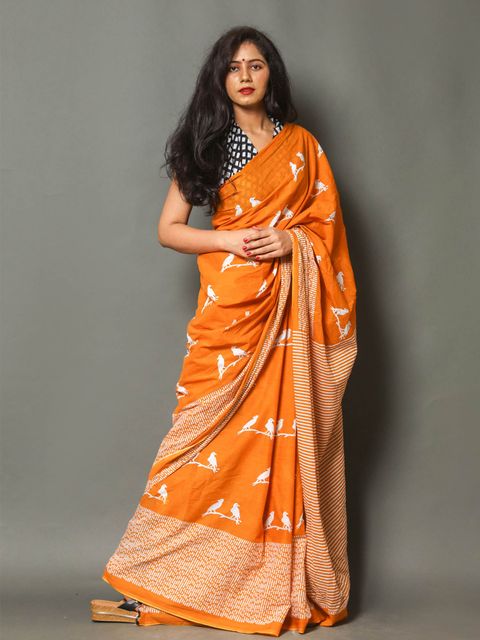 Orange Printed Linen Saree, Party Wear