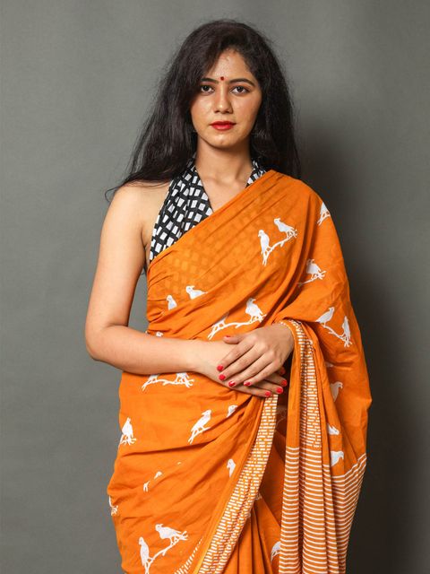 Orange Printed Linen Saree, Party Wear