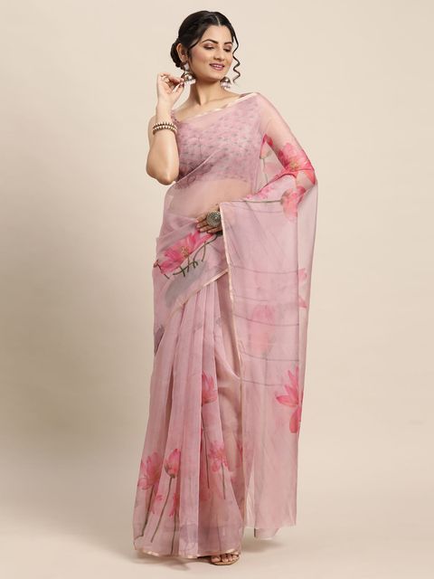 Baby Pink Printed Linen Saree, Party Wear