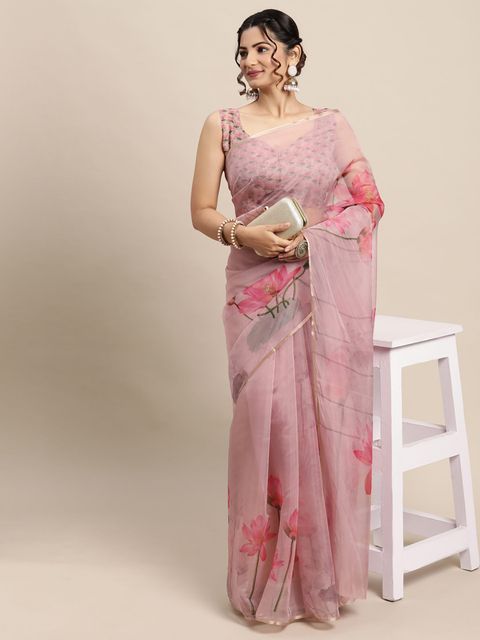 Baby Pink Printed Linen Saree, Party Wear