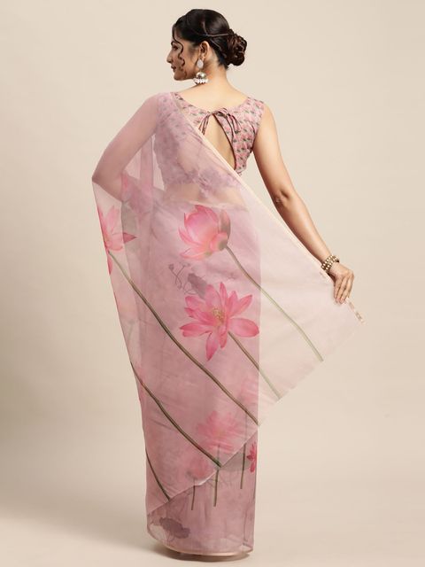 Baby Pink Printed Linen Saree, Party Wear