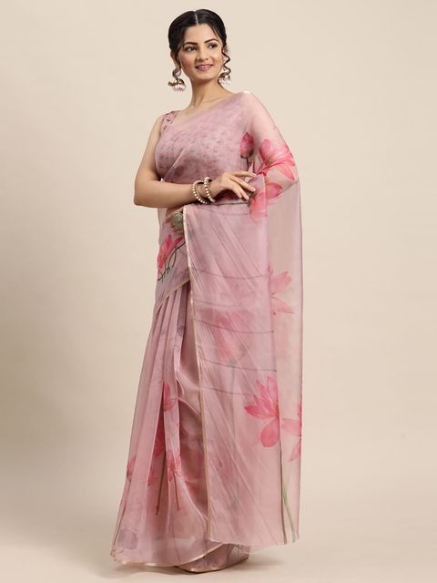 Baby Pink Printed Linen Saree, Party Wear